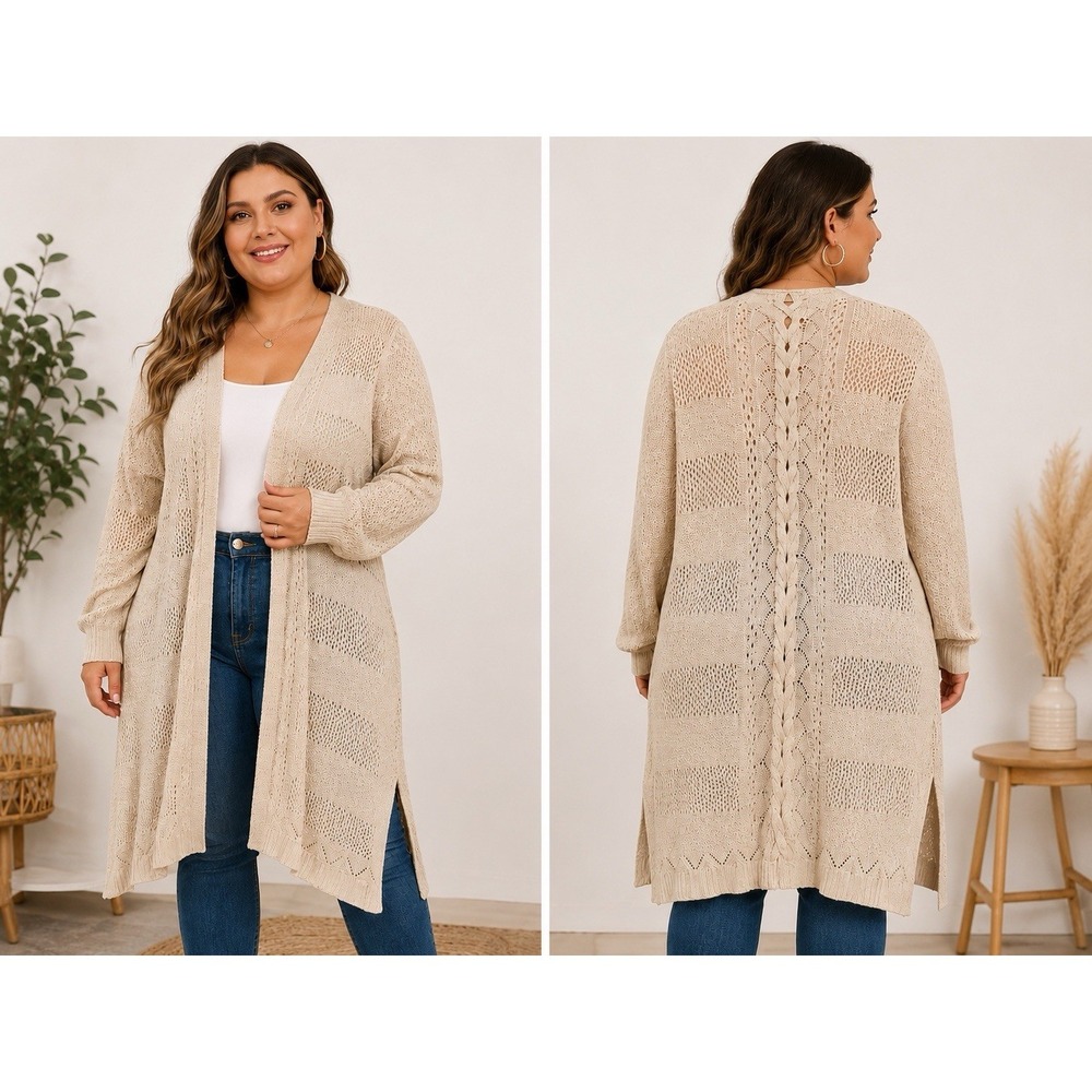 A&I Beige Open Knit Long Cardigan Sweater 3X Duster Boho Cable Back Plus Size